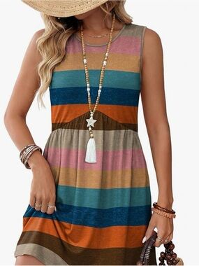 Sleeveless Striped Summer Dress in Teal, Rust, Pink & Taupe